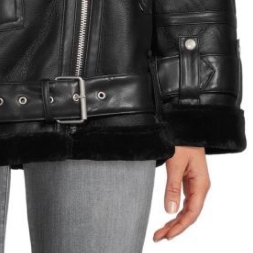 REBECCA MINKOFF Black Faux Leather Oversized Shearling Moto Jacket NWT - Picture 4 of 5